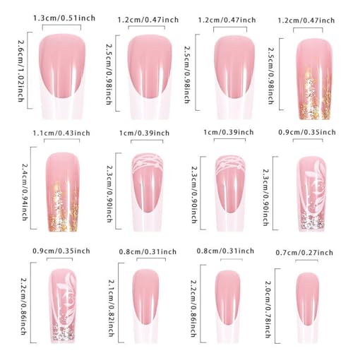 Short French Tip Press on Nails Nude Pink Square False Nails with Flowers