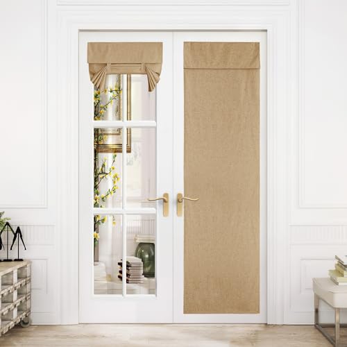 NICETOWN 100% Blackout French Door Curtain, 26"W x 80"L, Camel Linen Blend