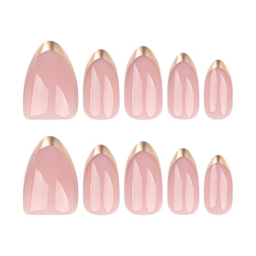 Short Oval French Tip Press on Nails with Gold Glossy Finish (24 Pcs)