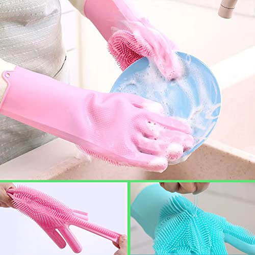 HUAYINGMEI Silicone Dishwashing Gloves with Built-in Scrubber - Pink
