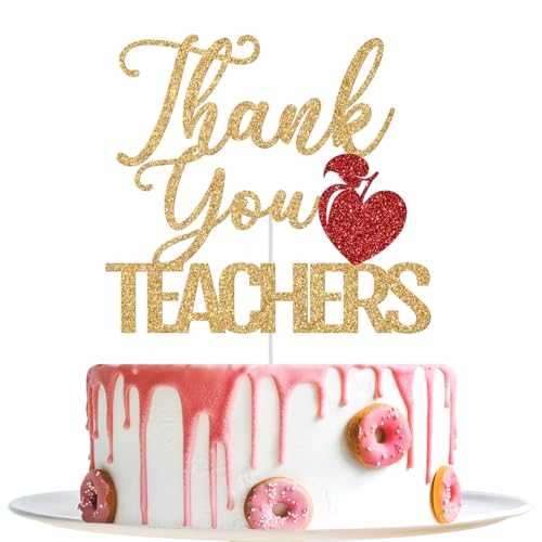 Thank You Teachers Cake Topper - Gold & Red Glitter Decoration