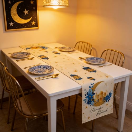 Ramadan Table Runner 13x72 Inch Beige Linen Eid Mubarak Decor