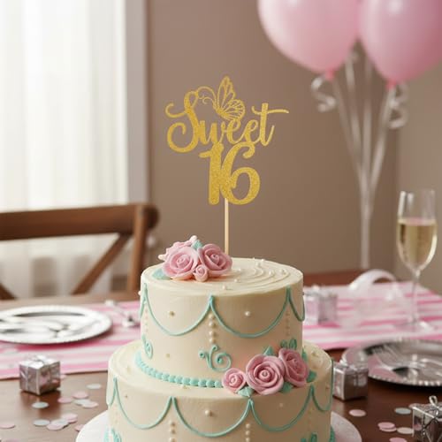 Gold Glitter Sweet 16 Cake Topper - Elegant Party Decoration