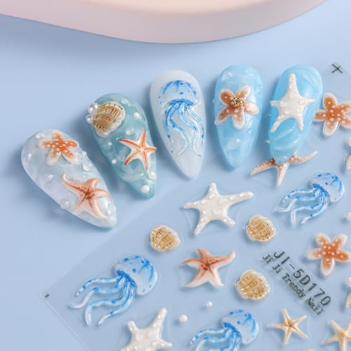 5D Embossed Ocean Summer Nail Art Stickers 3-Sheet Starfish Shell Decals