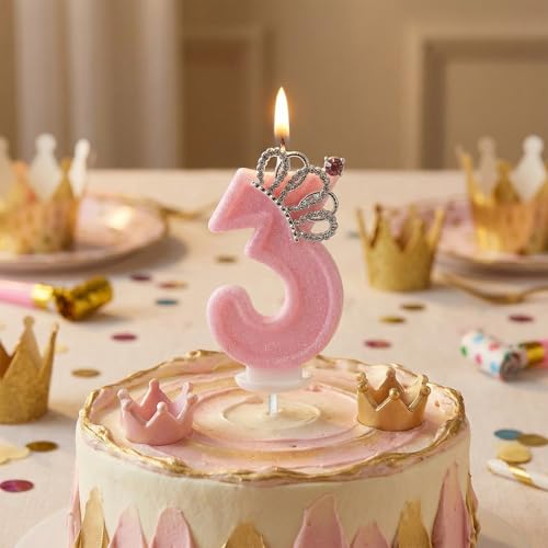 LASILE Pink Crown Number 3 Birthday Candle for Girl's 3rd Birthday, Princess Cake Topper, Party Supplies