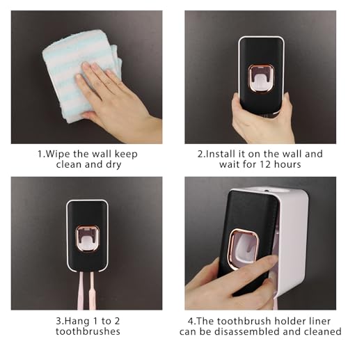 LUEXBOX Black 2 Slot Wall Mounted Toothbrush Holder & Toothpaste Dispenser - Type B