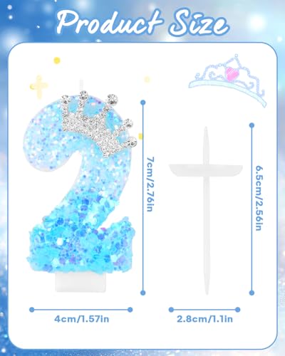 Blue Birthday Number 2 Candle with Crown Design - Princess Cake Topper