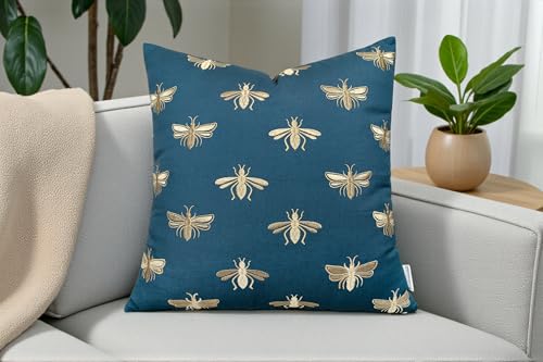 Rudransha Golden Bee Embroidered Pillow Cover, 18x18 Teal Cotton Square
