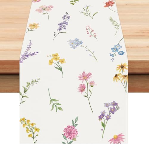 Bonhause Spring Floral Table Runner 13x72 Inch Wildflowers Farmhouse Linens