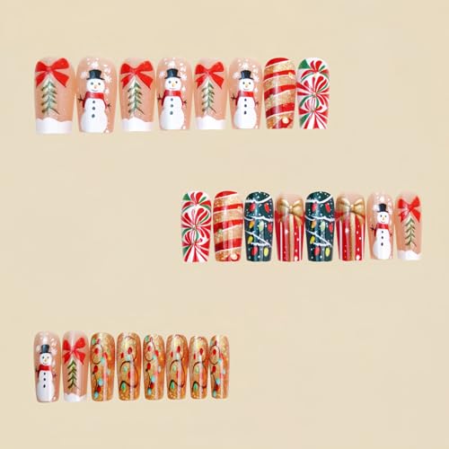 Christmas Press On Nails Medium Coffin Snowman False Nails 24Pcs