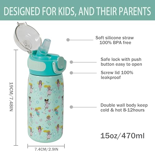 Kids Stainless Steel Water Bottle with Straw Lid - 15oz Insulated Thermos
