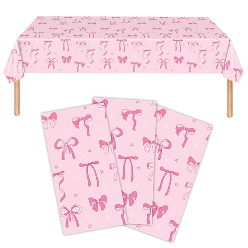 3 Pack Pink Bow Tablecloths - Waterproof Disposable Covers for Parties