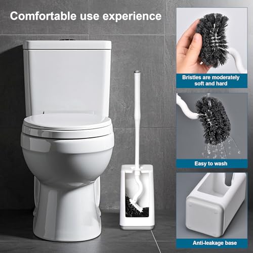 Long Handled Toilet Bowl Brush and Holder - Sturdy Plastic, White