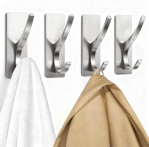pickpiff Brushed Nickel Self-Adhesive Hooks 4 Pack, 13LB Heavy Duty Wall Hangers for Coat Towel Keys