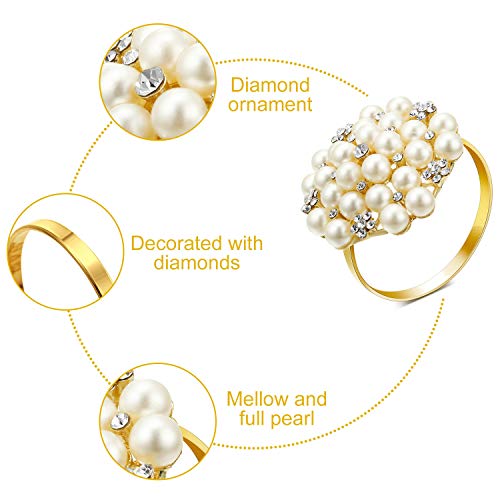 72 Pack Gold Napkin Rings with Pearls and Rhinestones - Flower Design