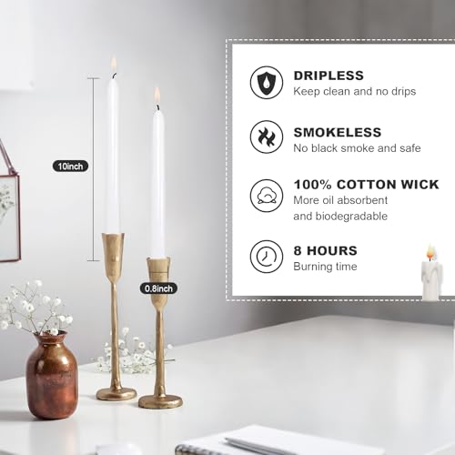 10 Inch White Taper Candles Set of 6 - Dripless, Unscented, 8-Hour Burn Time for Weddings & Home Decor