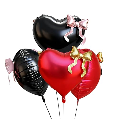 22 Inch Black and Red Heart Foil Balloons with Bow for Party Decor