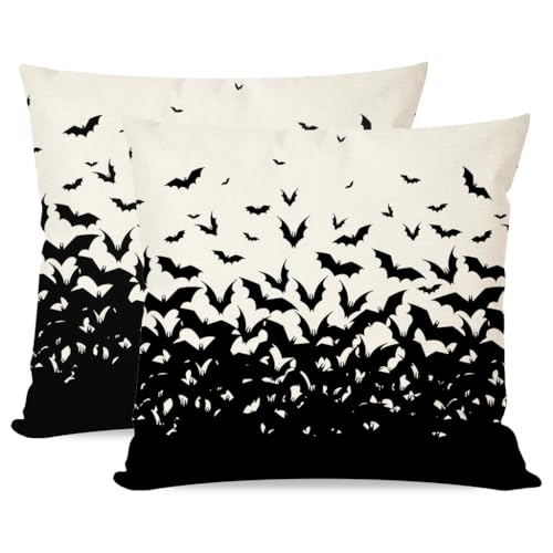 Black Bat Halloween Pillow Covers 18x18, Set of 2 Spooky Farmhouse Decor