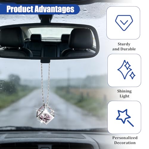 Rhinestone Cube Rear View Mirror Charm with Chain - Pink