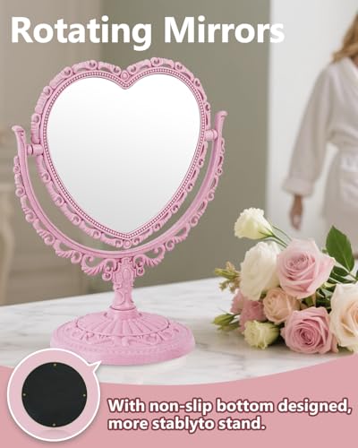 Pink Heart Shaped Double-Sided Rotatable Vanity Mirror for Desk - Cute Coquette Decor