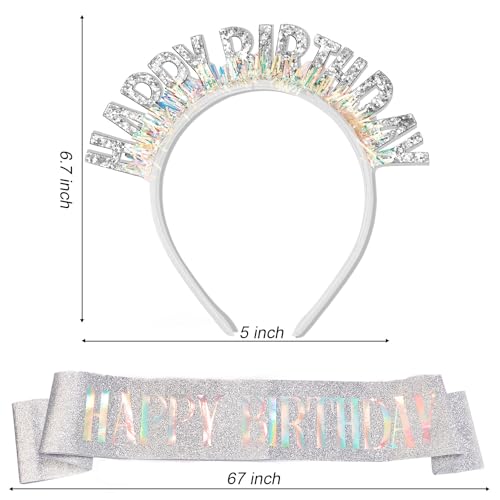 Silver Birthday Headband and Sash Set for Women and Girls
