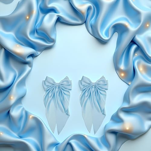Satin Bow Hair Clip Set - Jumbo Light Blue Hair Barrette with Long Tails