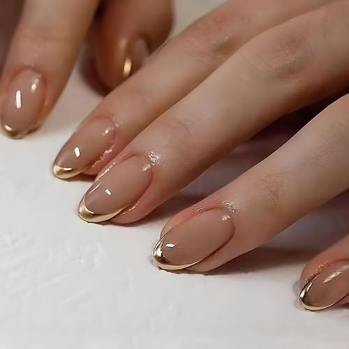Short Oval French Tip Press on Nails with Gold Glossy Finish (24 Pcs)
