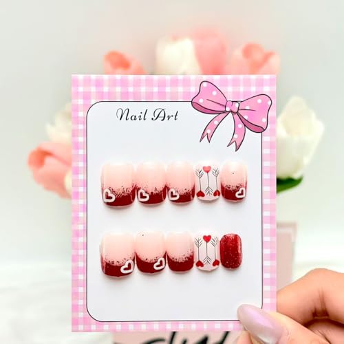 Valentine Press On Nails Short Square Red Glitter French Tip Heart False Nails