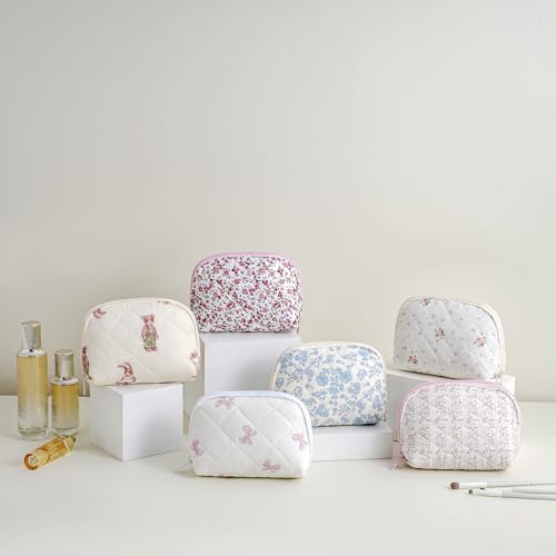 JOVAKIT Quilted Conch Makeup Bag - Blue Floral Travel Toiletry Pouch