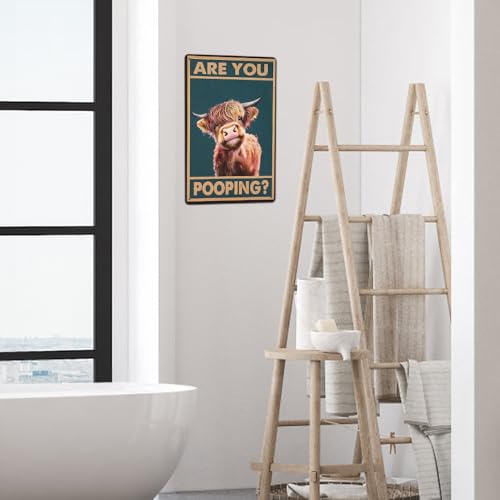 Funny Highland Cow Bathroom Sign - Vintage Metal Wall Art 8x12
