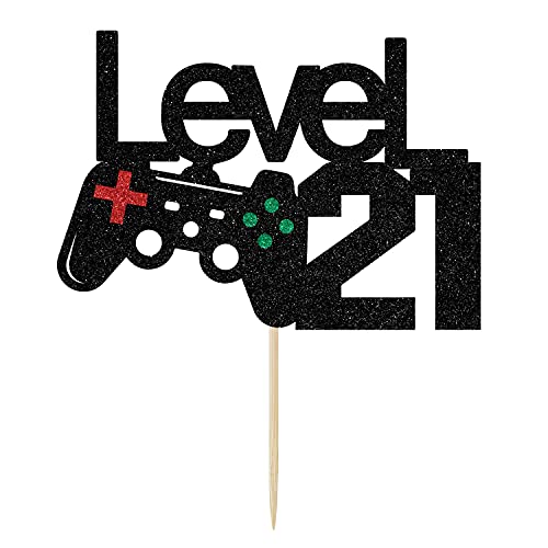 Level Up 21st Birthday Cake Topper - Black Glitter Decoration