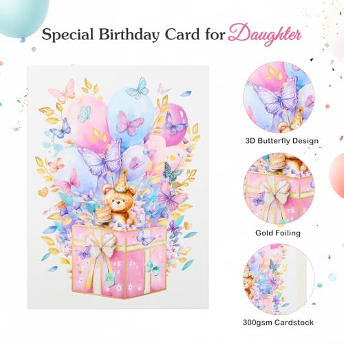 3D Butterfly Birthday Card for Daughter | Gold Foil Teddy Bear Design