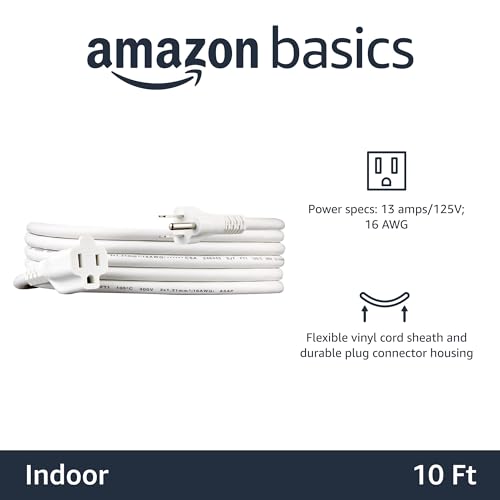 Amazon Basics 10 Ft Extension Cord - 3-Prong, 13 Amps, Indoor Use, White
