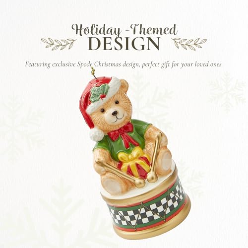 Spode Teddy Bear on a Drum Ornament - Dolomite Holiday Decor with Classic Design - Christmas Ornament for Tree, Wreath, Mantel, Seasonal Display - Unique Festive Decoration