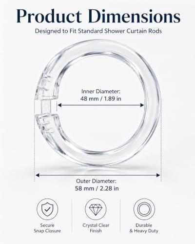 Transparent Shower Curtain Rings - 12 Durable Plastic Hooks