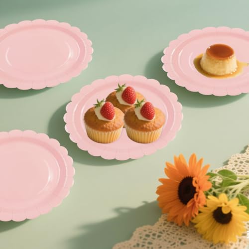 Pink Scalloped Paper Plates - 50 Pcs 7 Inch Disposable Dinner Plates for Parties