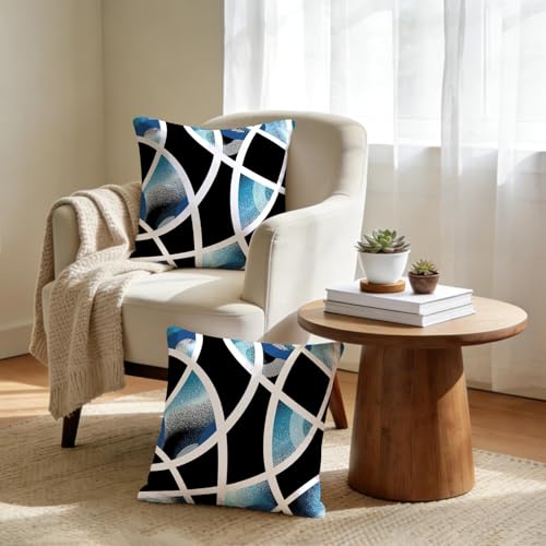 Set of 2 18x18 Inch Blue and Black Geometric Throw Pillow Covers - Modern Home Decor
