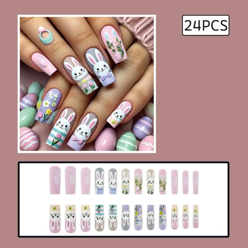 Easter Press on Nails Long Square Cute Bunny Spring Flower False Nails