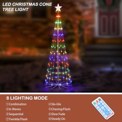 PINPON 6FT Multicolor Outdoor Solar Christmas Tree Light Show with Remote