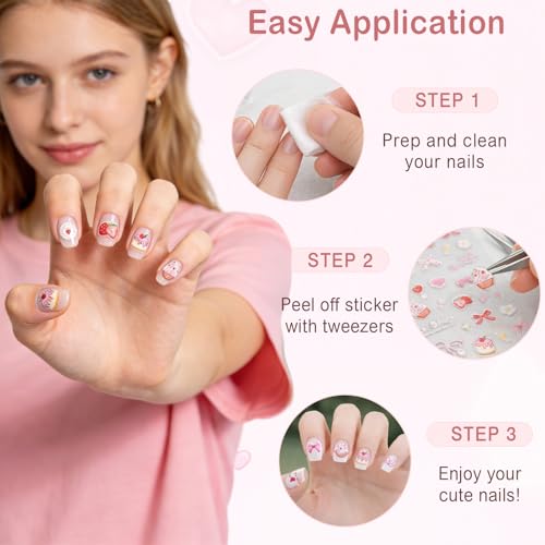 3D Embossed Pink Nail Art Stickers - Cute Cake, Strawberry & Bow Decals
