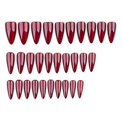 Red Cat Eye Press on Nails Medium Almond Dark Burgundy Fake Nails Kit
