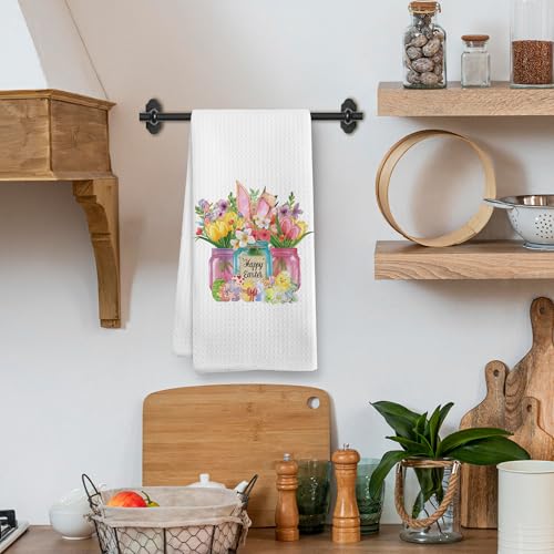 Easter Bunny and Floral Kitchen Towel, Microfiber Hand Dish Towel 16x24