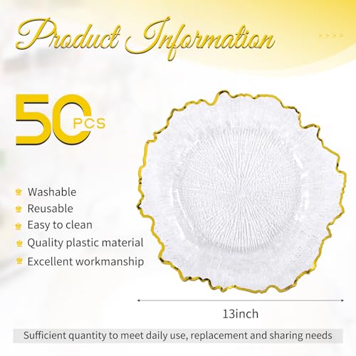 Clear Reef Charger Plates Set of 50 - 13 Inch Gold Rim Acrylic Dining Decor - Variation of THIS listing
