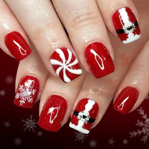Christmas Press on Nails Short Square False Nails Santa Snowflake 24Pcs