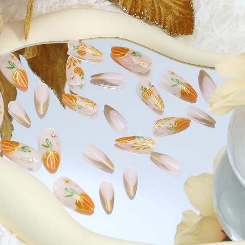 Fall Press on Nails Medium Almond Gold French Tip Fake Nails 24Pcs