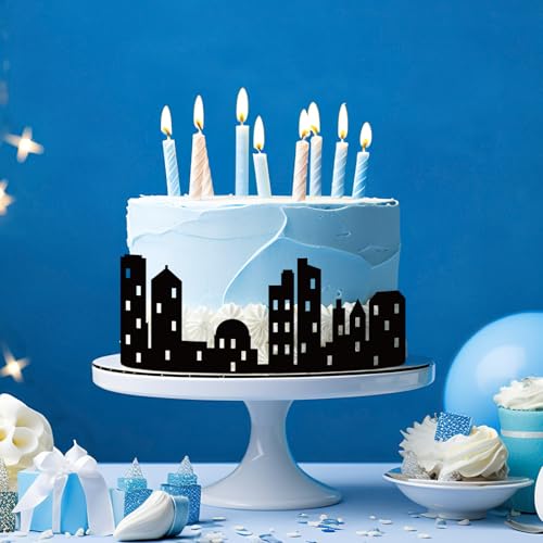 Lemicin 6 Pcs City Cake Side Borders - Black Double-Sided Lighted Skyline Cake Toppers for Birthday Parties