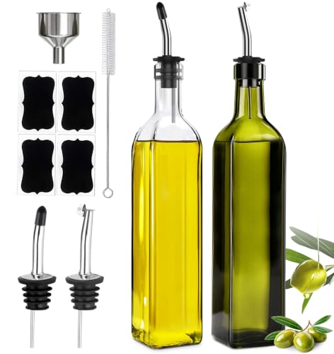 Leaflai 500ml Glass Olive Oil Dispenser Set - Transparent & Green, 2 Pack