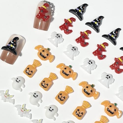 50Pcs Halloween Nail Charms Resin Flatback Pumpkin Ghost Bat Rhinestones