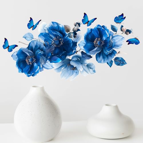 Blue Peony Flower Wall Decals with Butterflies - Removable Vinyl Stickers