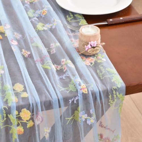 Blue Butterfly Floral Table Runner for Garden Party and Home Decor - 28x120 Inches